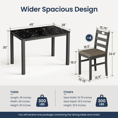 5-Piece Modern Farmhouse Dining Set with Faux Marble Tabletop & Rubber Wood Chairs