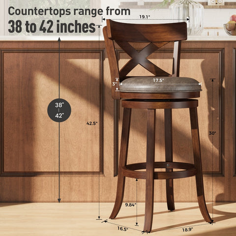 Phi Villa 360° Swivel Retro Wooden Bar Height Stools with Backs