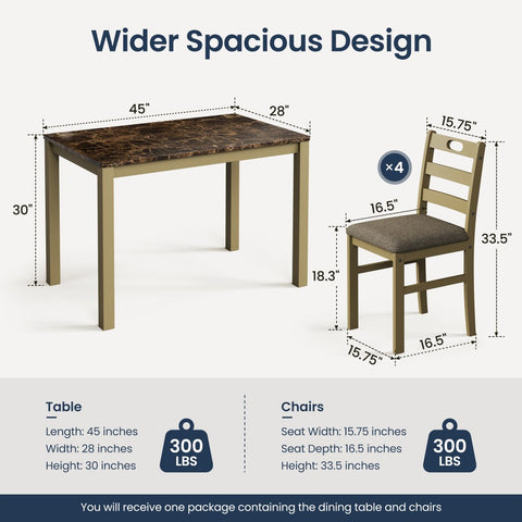 5-Piece Modern Farmhouse Dining Set with Faux Marble Tabletop & Rubber Wood Chairs