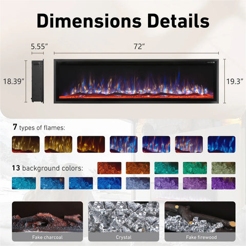Premium Wall Mounted & Recessed Electric Fireplace with Remote Control