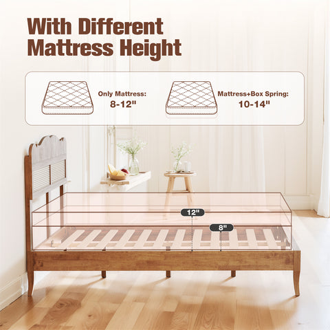 Classic Wooden Bed Frame with Rattan Headboard