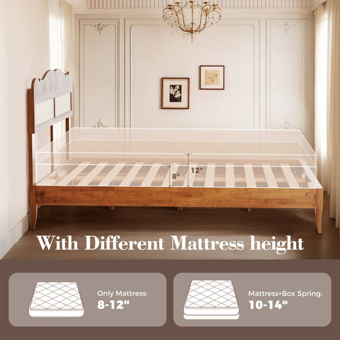 Classic Wooden Bed Frame with Rattan Headboard