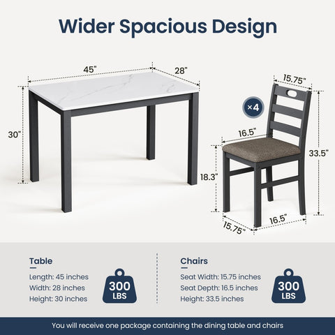 5-Piece Modern Farmhouse Dining Set with Faux Marble Tabletop & Rubber Wood Chairs