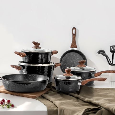 Kitchen Academy 15 Pieces Induction Black Hammered Finish Nonstick Pots and Pans Set
