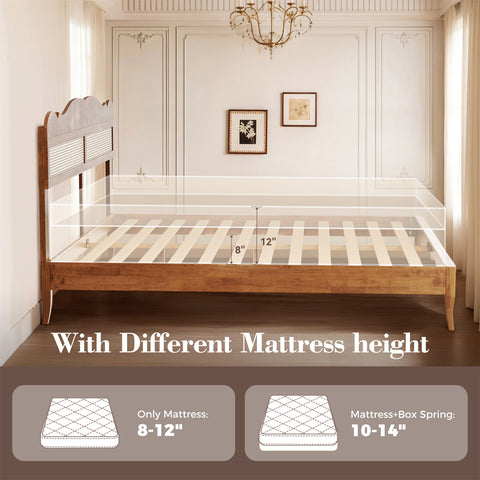 Classic Wooden Bed Frame with Rattan Headboard