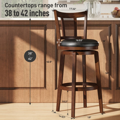 Phi Villa 360° Swivel Retro Wooden Bar Height Stools with Backs