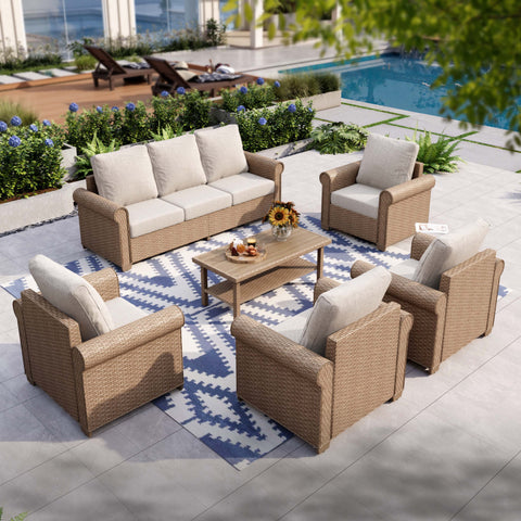 Luxury 5 Seats Wicker Patio Conversation Sofa Set with Wider Armrests