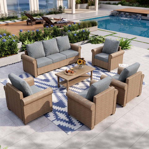 Luxury 5 Seats Wicker Patio Conversation Sofa Set with Wider Armrests