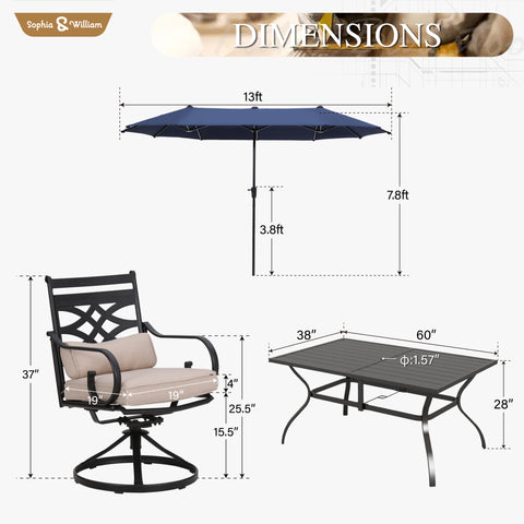 8-Piece 13ft Umbrella Patio Dining Set with Elegant Cast Iron Pattern Swivel Chairs
