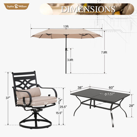 8-Piece 13ft Umbrella Patio Dining Set with Elegant Cast Iron Pattern Swivel Chairs