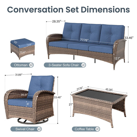 5 Seats Wicker Outdoor Conversation Sofa Set with Swivel Glider & 2 Ottomans