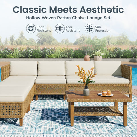 Boho Style Outdoor Wicker Conversation Sofa set with Acacia Wood Coffee Table