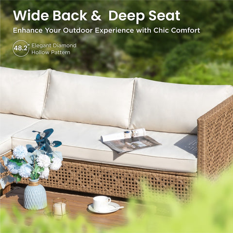 Boho Style Outdoor Wicker Conversation Sofa set with Acacia Wood Coffee Table