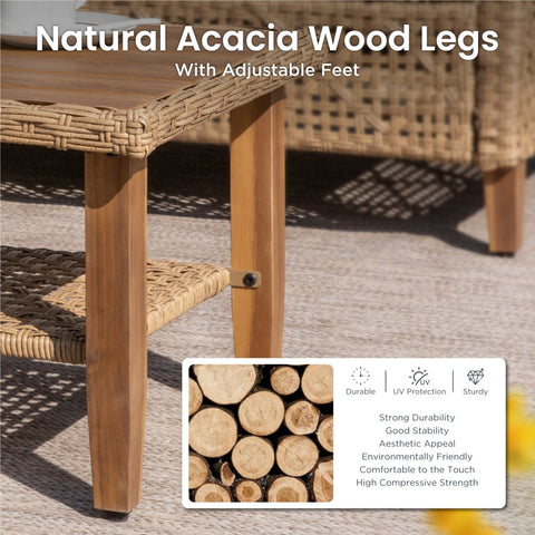 Boho Style Outdoor Wicker Conversation Sofa set with Acacia Wood Coffee Table
