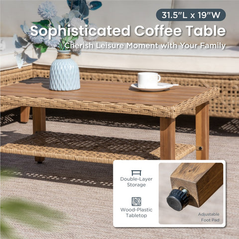Boho Style Outdoor Wicker Conversation Sofa set with Acacia Wood Coffee Table