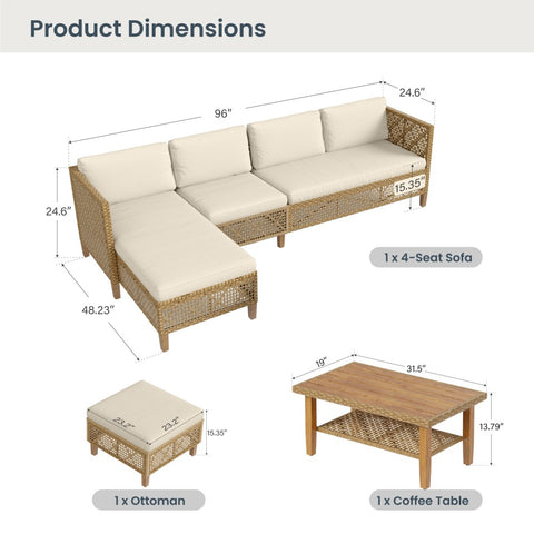 Boho Style Outdoor Wicker Conversation Sofa set with Acacia Wood Coffee Table