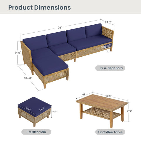 Boho Style Outdoor Wicker Conversation Sofa set with Acacia Wood Coffee Table