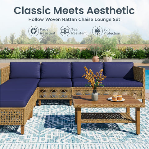 Boho Style Outdoor Wicker Conversation Sofa set with Acacia Wood Coffee Table