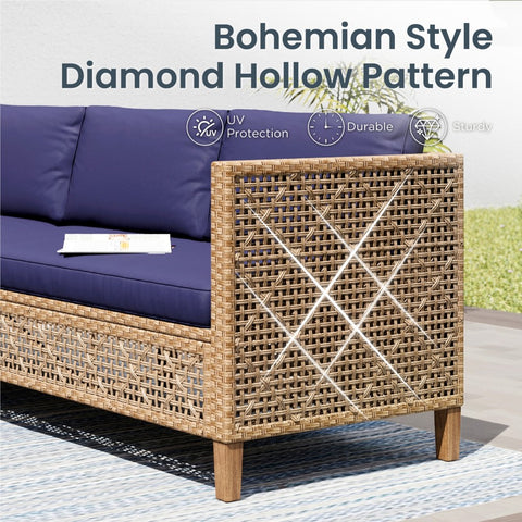 Boho Style Outdoor Wicker Conversation Sofa set with Acacia Wood Coffee Table