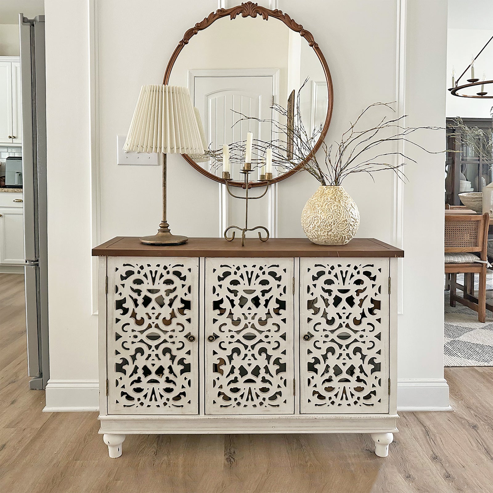 Distressed Carved Storage Cabinet and Side Table