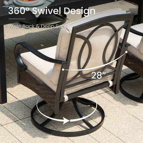5-Piece Wood-look Table/Round Metal Table & Cushioned Rattan-steel Chairs Outdoor Dining Set