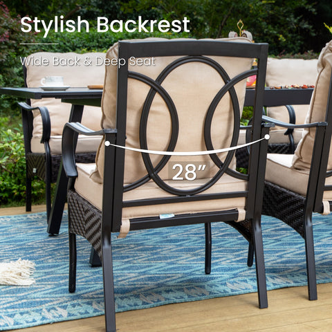 9-Piece Large Wood-grain Square Table & Rattan-Steel Cushioned Chairs
