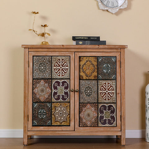 Antique Metal Block Veneer Accent Cabinet