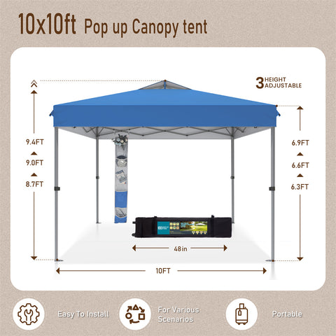 10'x10' Pop-up Tent with Storage Bag and Roller Bag for Camping Party and Barbecue