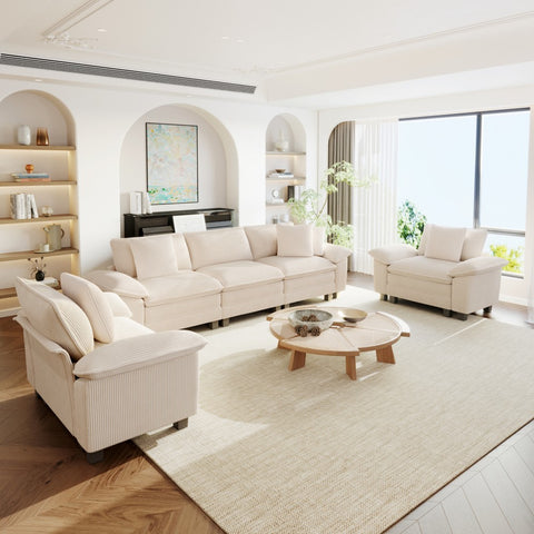 5 seater Beige corduroy sectional cloud sofa 