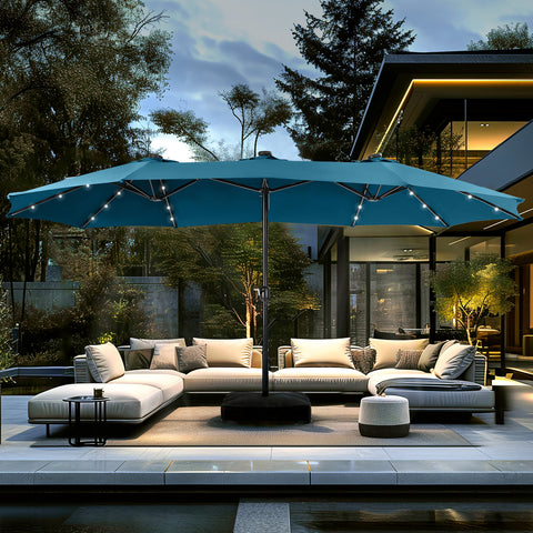 15ft Extra Large Double-Sided Patio Umbrella with Solar Powered LED Lights (Base Included)