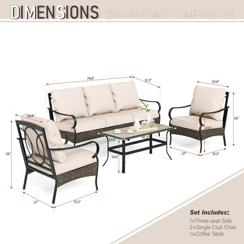 5-Seat Thick Cushion Steel-Rattan Patio Conversation Sofa Set with Coffee Table