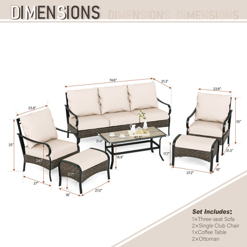 7-Seat Steel-Rattan Patio Conversation Sofa Set with Thick Cushions