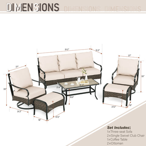 7-Seat Steel-Rattan Patio Conversation Sofa Set with Thick Cushions