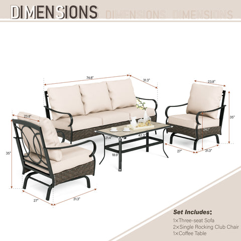 5-Seat Thick Cushion Steel-Rattan Patio Conversation Sofa Set with Coffee Table