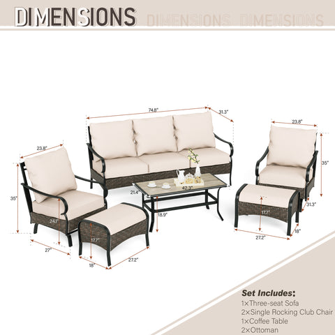 7-Seat Steel-Rattan Patio Conversation Sofa Set with Thick Cushions