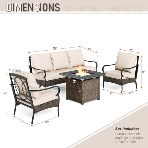 5-Seat Rattan-steel Luxury Padded Patio Conversation Set with Fire Pit Table
