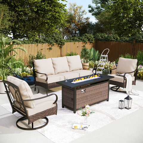 5-Seater Rattan-steel Luxurious Outdoor Sofa Set with 56" Fire Pit Table
