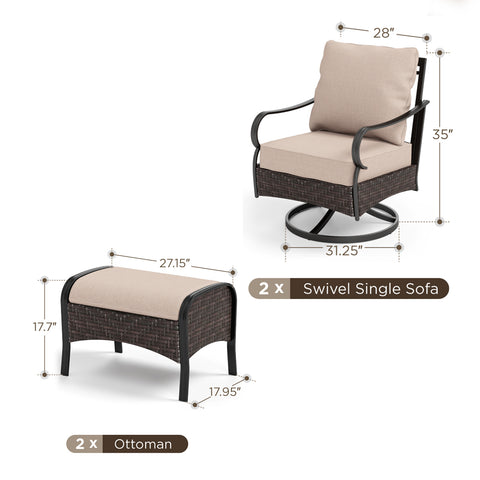 2-Seater Rattan-steel Cushioned Outdoor Conversation Set with Ottomans