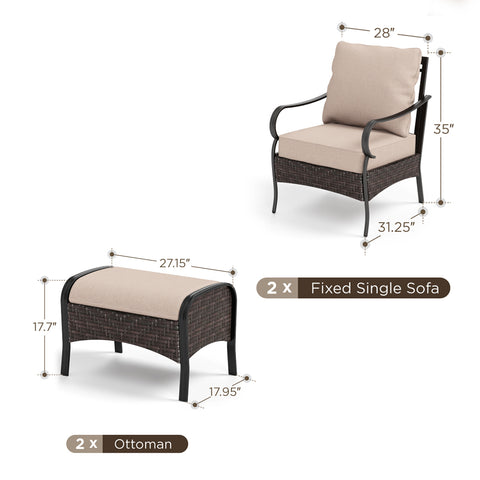 2-Seater Rattan-steel Cushioned Outdoor Conversation Set with Ottomans