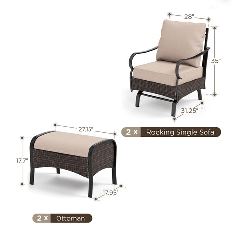 2-Seater Rattan-steel Cushioned Outdoor Conversation Set with Ottomans