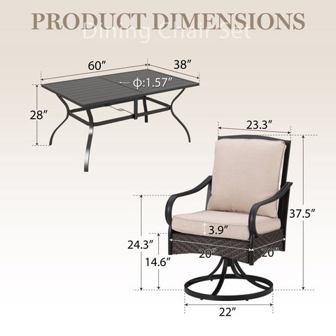 Luxurious Thick-Cushion Rattan-steel Swivel Chairs 7-Pcs Patio Dining Set