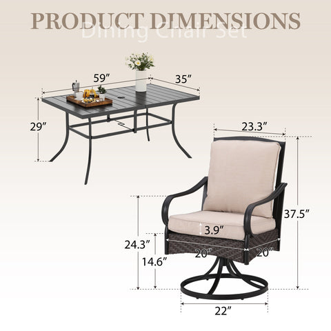 Luxurious Thick-Cushion Rattan-steel Swivel Chairs 7-Piece Patio Dining Set