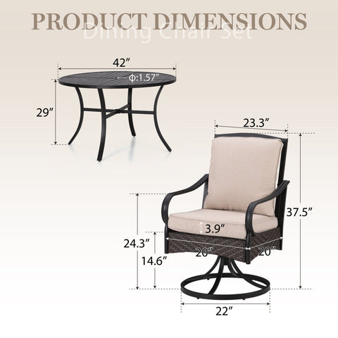 5-Piece Wood-look Table/Round Metal Table & Cushioned Rattan-steel Chairs Outdoor Dining Set