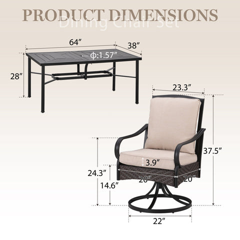 Luxurious Thick-Cushion Rattan-steel Swivel Chairs 7-Pcs Patio Dining Set