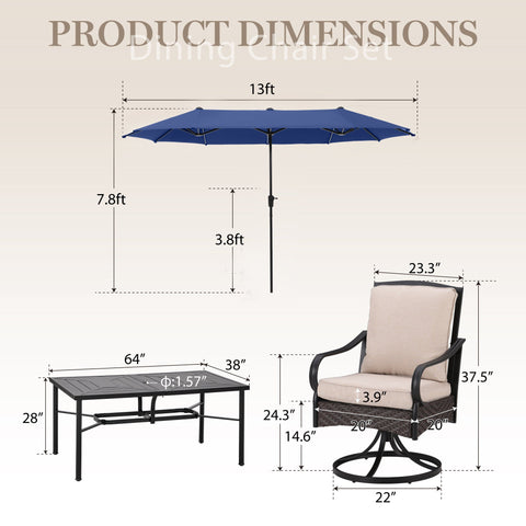 Luxurious Thick-Cushion Rattan-steel Swivel Chairs 7-Pcs Patio Dining Set