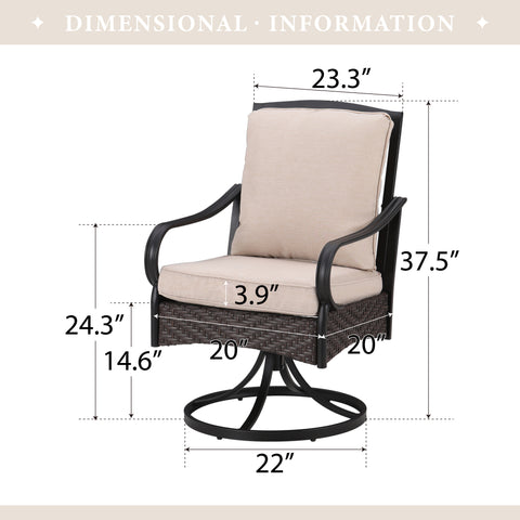 7-Piece Farmhouse Style Wood Grain Table & Rattan-steel Cushion Swivel Chairs Patio Dining Set