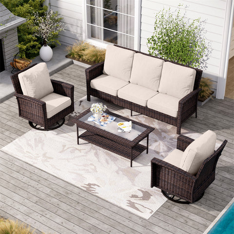 5 Seats Wicker Patio Conversation Sofa Set with Swivel Chairs