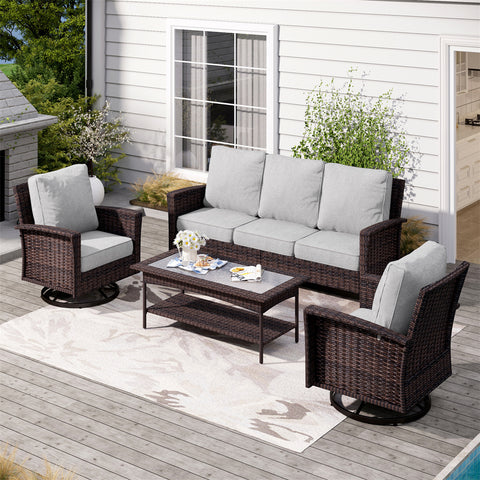 5 Seats Wicker Patio Conversation Sofa Set with Swivel Chairs