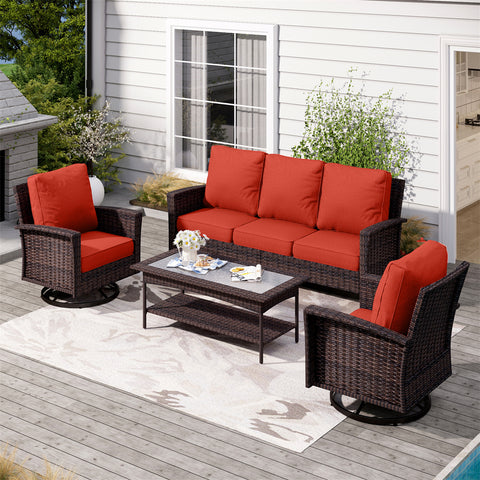 5 Seats Wicker Patio Conversation Sofa Set with Swivel Chairs