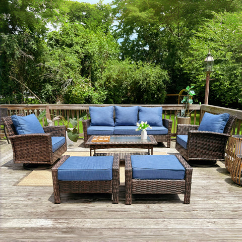 5 Seats Wicker Patio Conversation Sofa Set with Swivel Chairs